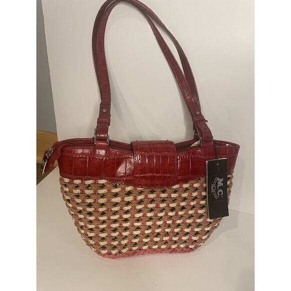 "M.C. Marc Chantal Red Straw & Leather Shoulder Bag Silver Tone Hardware NWT - Picture 9 of 16